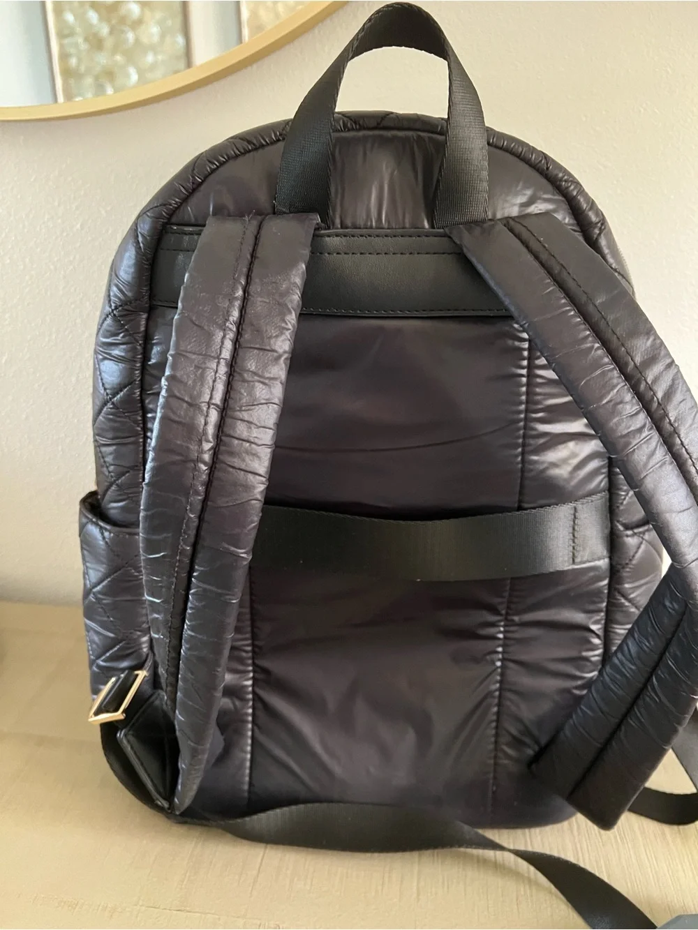 Joan & David Quilted Black Nylon Backpack with Gold Accents